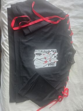 Black Graphic Pullover with Red Ribbon Lacing